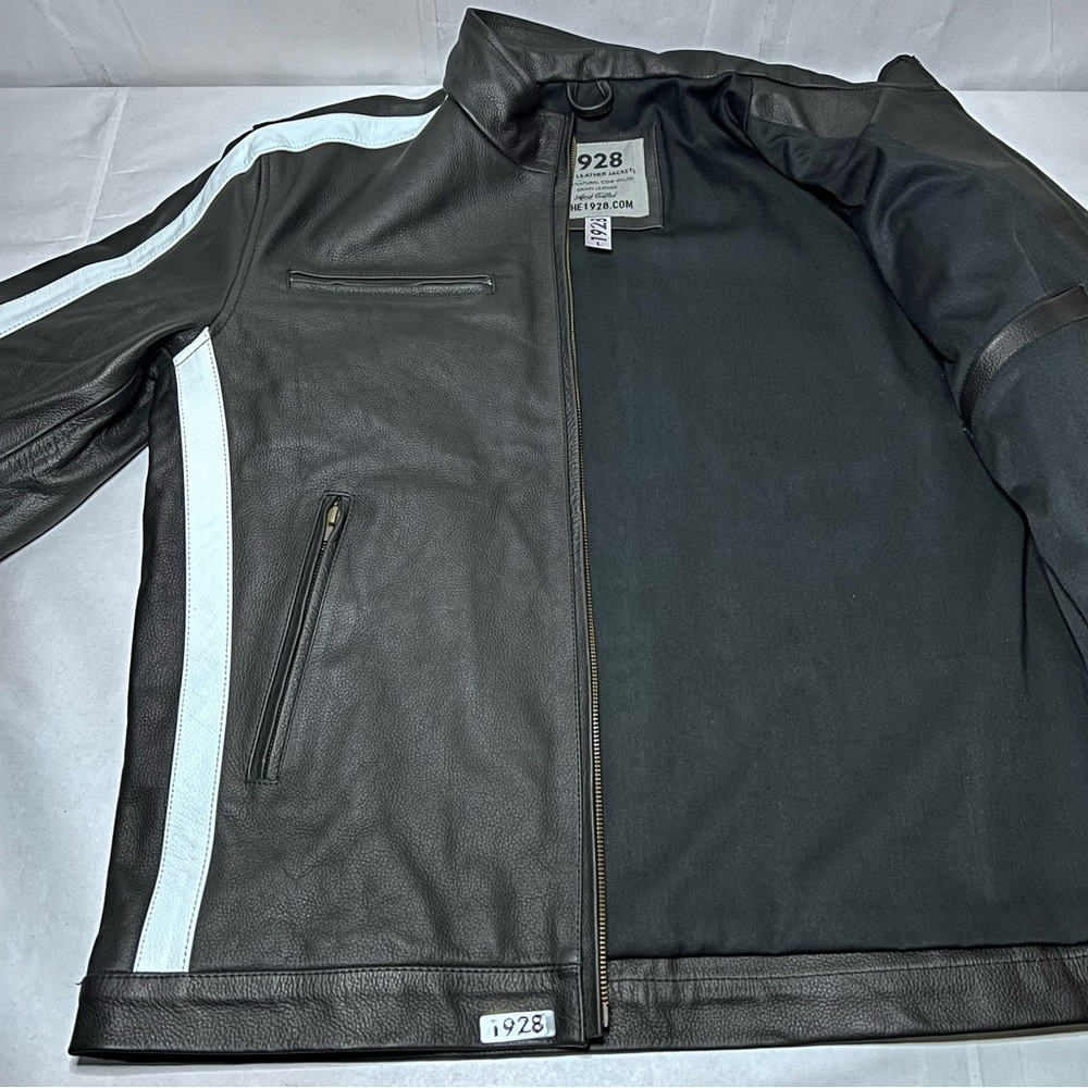 *CUSTOM* Mens Black Cafe Racer Leather Jacket With White Stripes Size L - Picture 6 of 15
